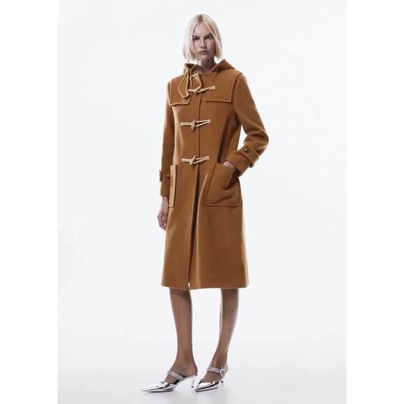Abrigo Camel Brown Hood Wool-Blend Duffle Coat - Picture 1 of 4